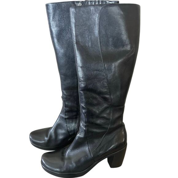 Dansko Boots Leather Pull On Round Toe Block Heel Knee High Black Size 9 EU 39 - Picture 1 of 5